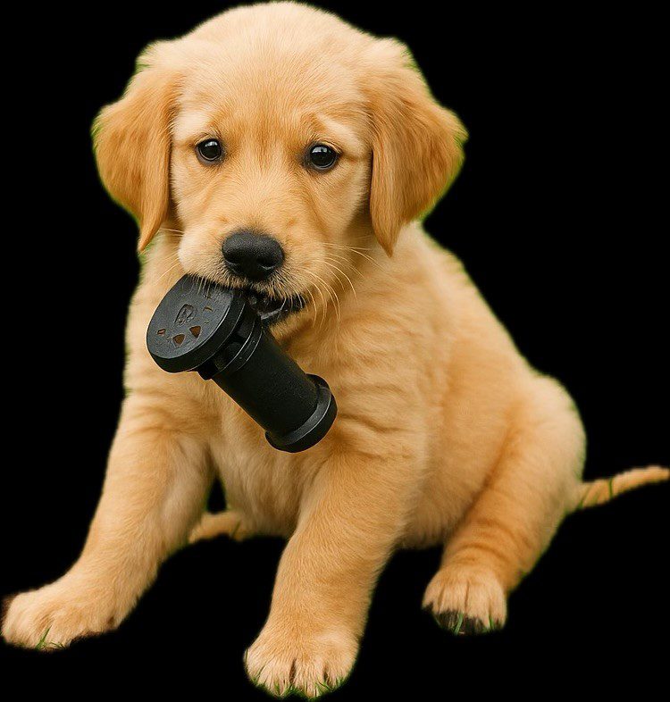 Golden retriever puppy holding a game controller in its mouth.