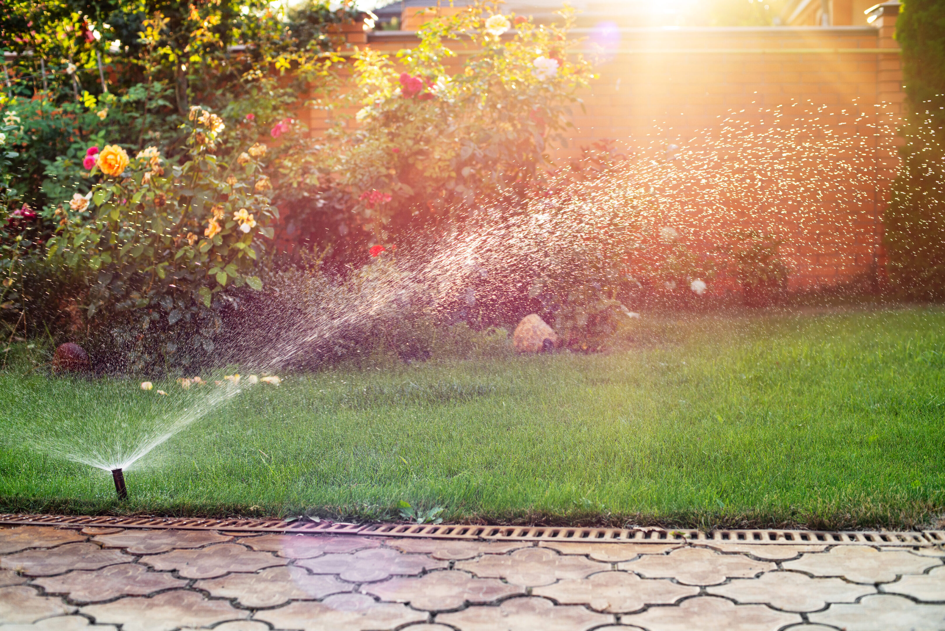 Sprinkler watering lush green lawn in bright sunlight.